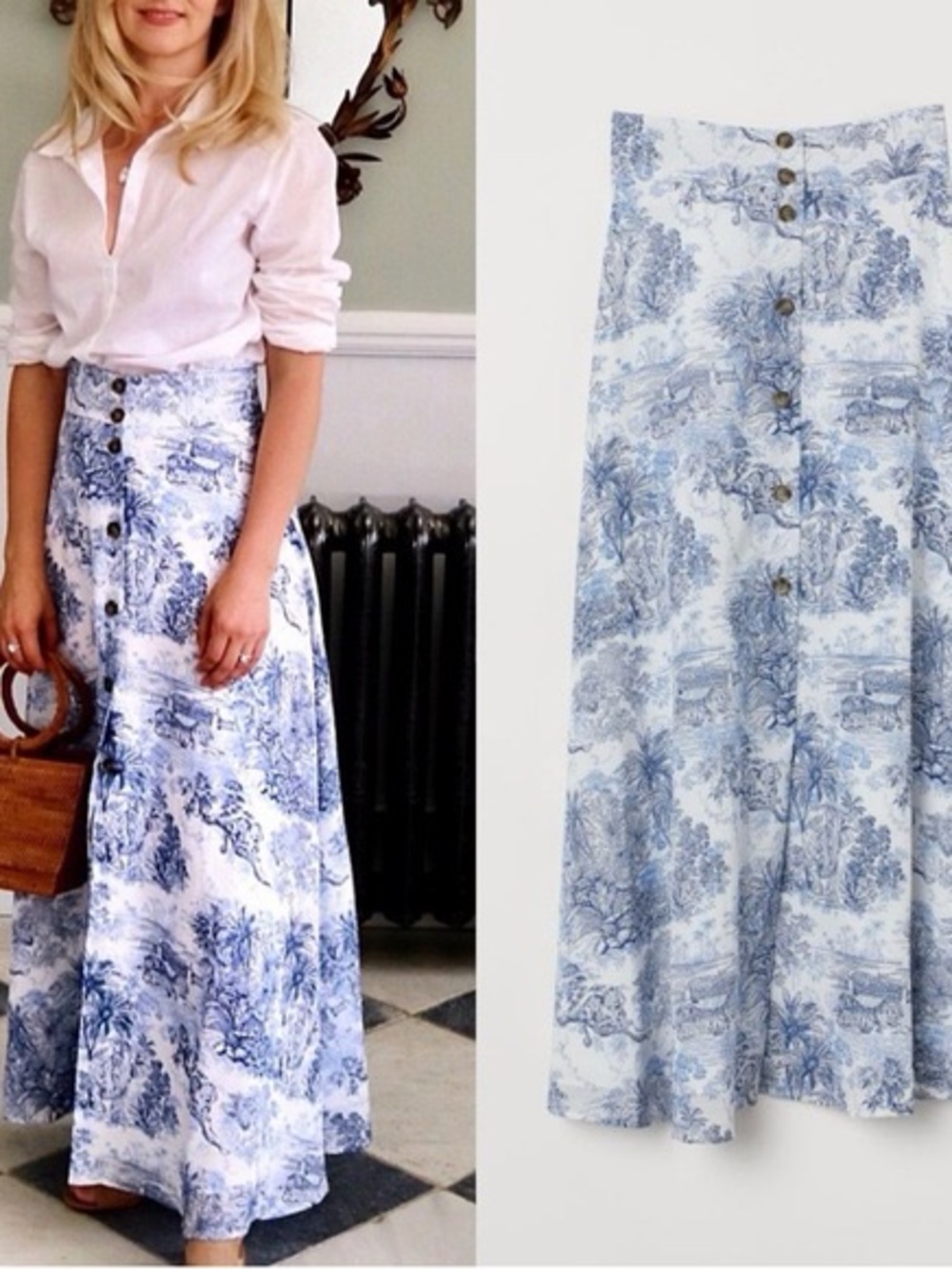 H&M Blue and White Toile Button-Front Maxi Skirt